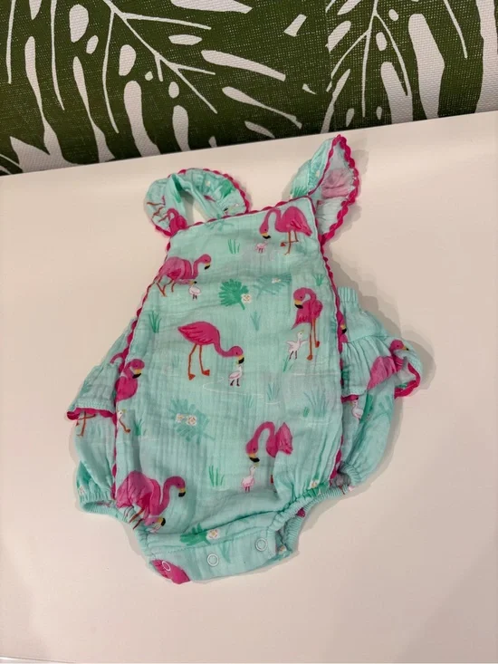 Angel Dear Mint Muslin Romper with Pink Flamingo Accent🦩
