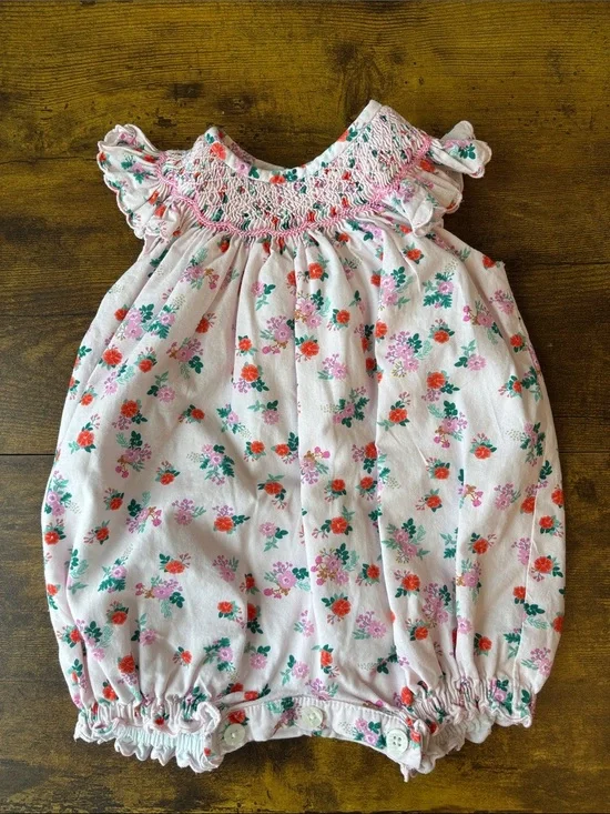Rachel Riley Pink Floral Smocked Baby Romper