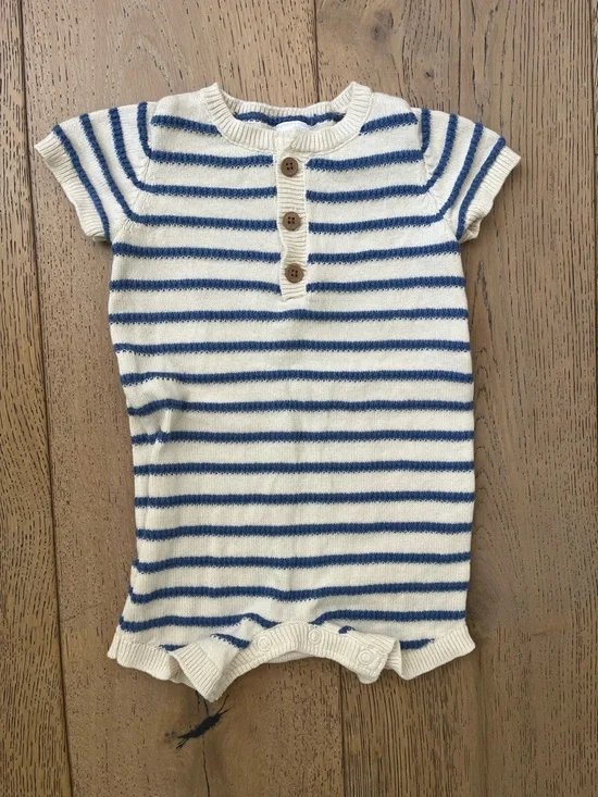 Carter’s Baby Boy Romper Blue Cream Stripe Knit Buttons 3-6 month Cotton Oeko