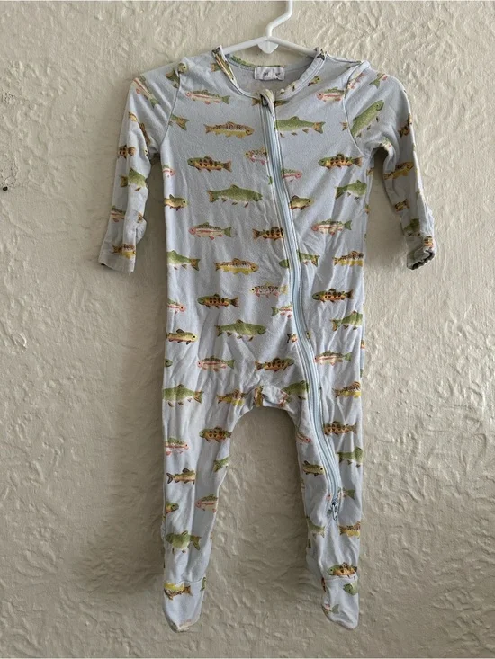 Angel Dear Light Blue Green Yellow Fish Pattern Bamboo Sleeper Footie 6-9 Months