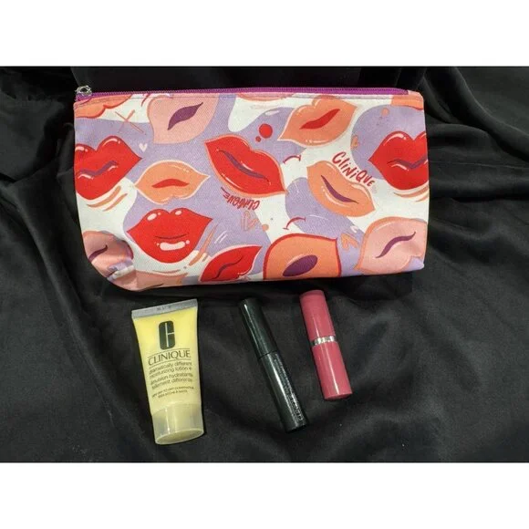 Clinique Skincare Makeup 4 Pcs Sample Size Gift Set Bag Lips Kisses Plum Pop
