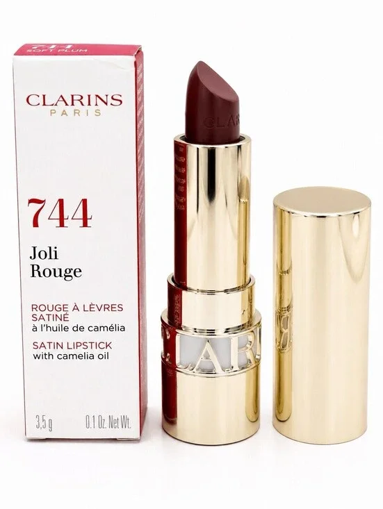 Clarins Joli Rouge Satin Lipstick 744 Soft Plum 3.5g New In Box Camellia Oil