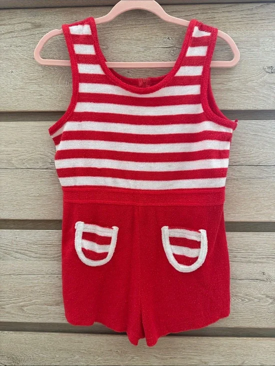 Vintage 1970s  Striped Girls' /womens One-Piece Romper Terry Cloth Cover Up