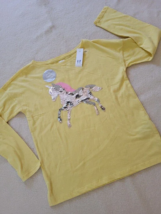 NWT Gap Girls Size XL Top Long-sleeved Yellow Unicorn Sequins Cotton