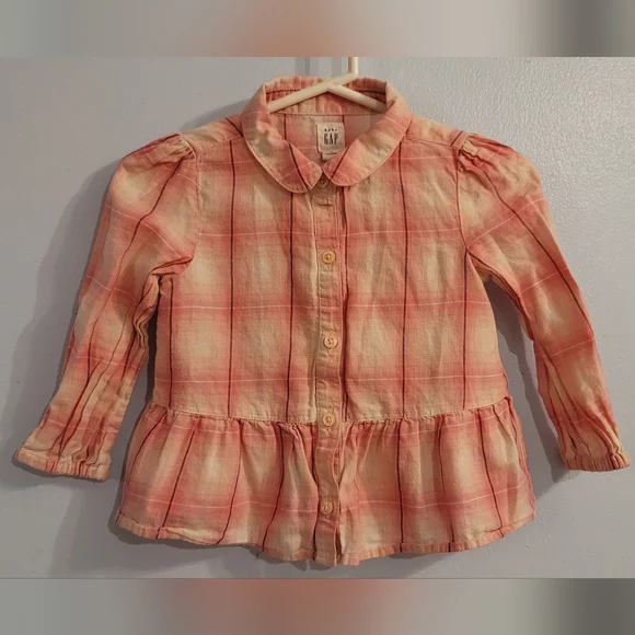 Baby Gap pink white plaid full button down shirt elastic sleeves  3yr collared