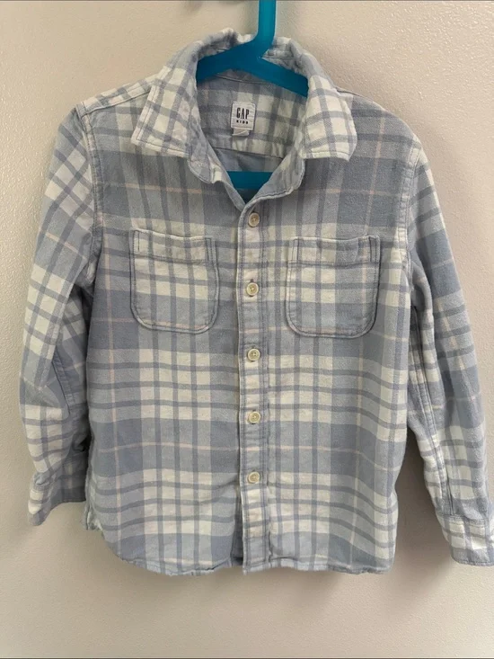 GAP Light Blue & White Flannel Plaid Button-Down Shirt
