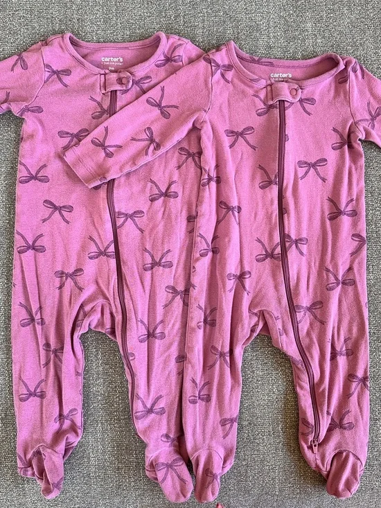 Carter's Pink Bow-Print Footed One-Pieces Twin girls matching pajamas