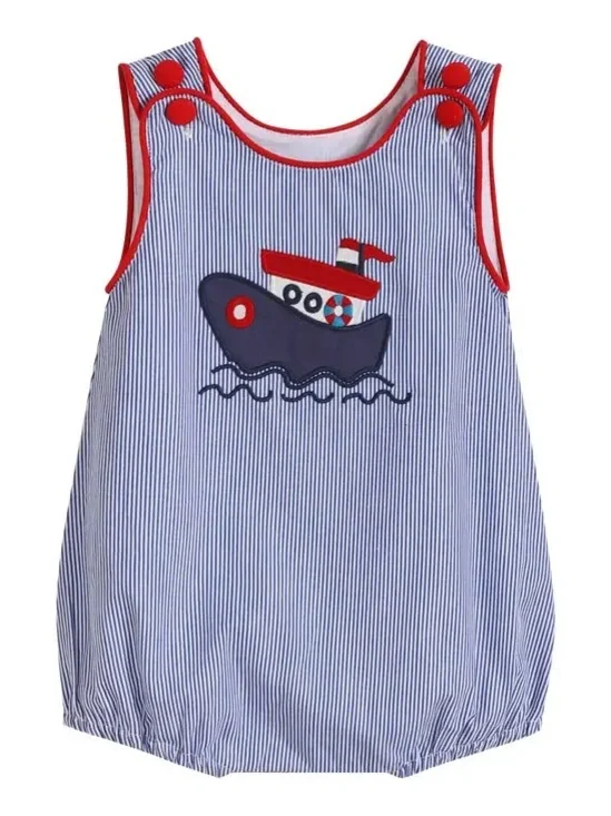Blue Stripe Tugboat Bubble Romper by Lil Cactus