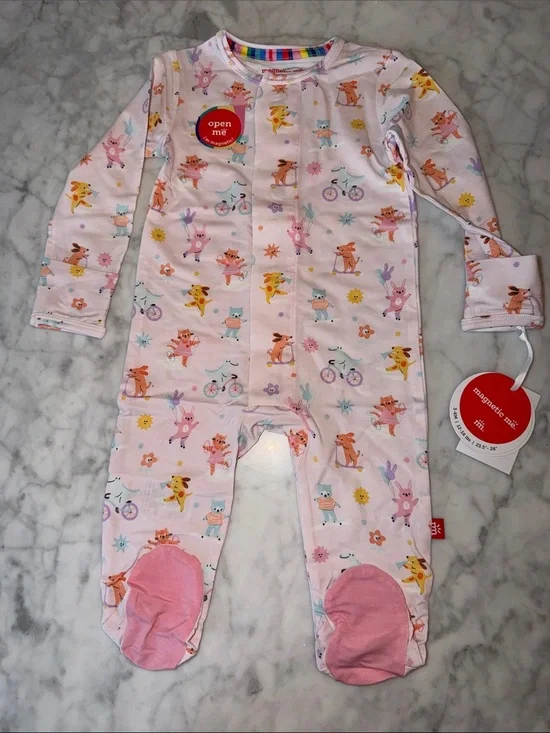NWT MAGNETIC ME MODAL Pink Animal Print Magnetic-Closure Footed One-Piece 3/6M