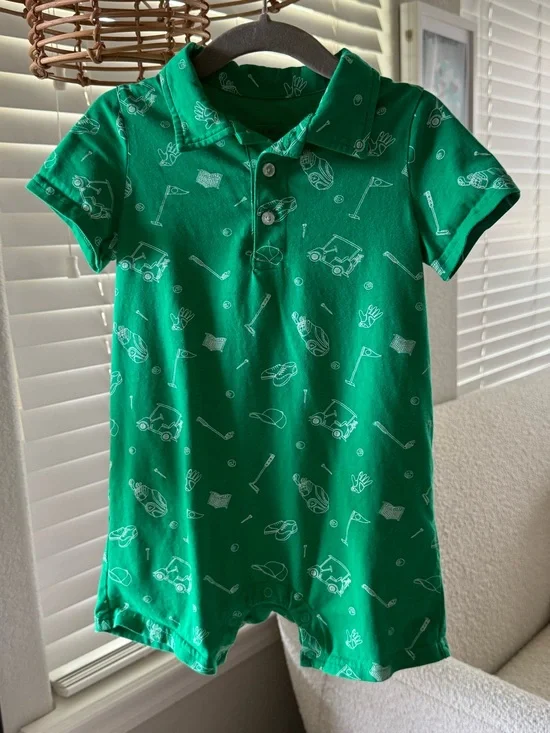 Andy & Evan Green Polo Romper with Golf Print