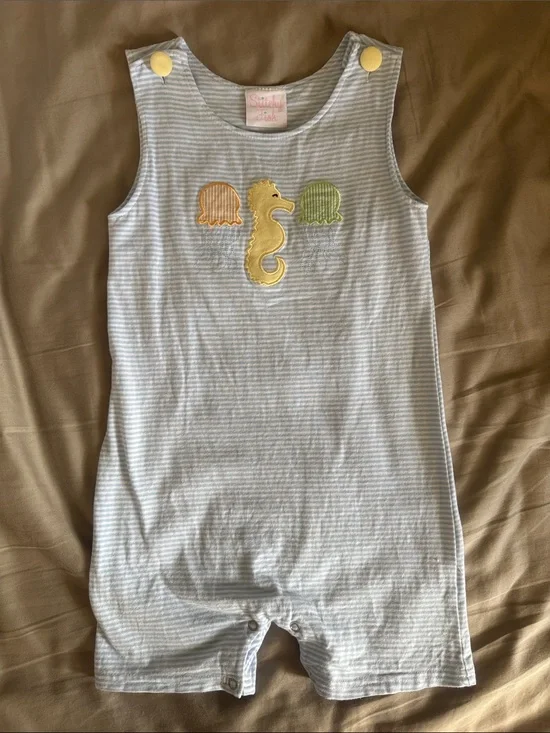 Striped Baby Romper with Seahorse Applique - Pastel Yellow & Green
