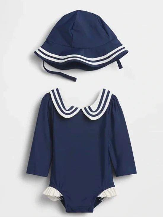 GAP Navy & White Sailor-Style Long Sleeve One-Piece Swimsuit with Hat