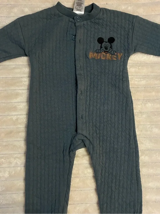 Disney Baby 6-9M Quilted Mickey Mouse Romper Dusty Blue Button Front Embroidered