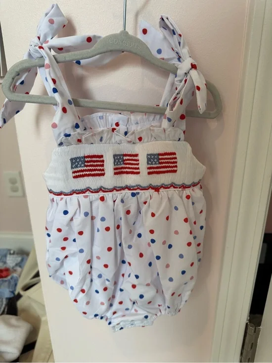 Smocked Polka Dot Baby One-Piece Romper in White with Red & Blue