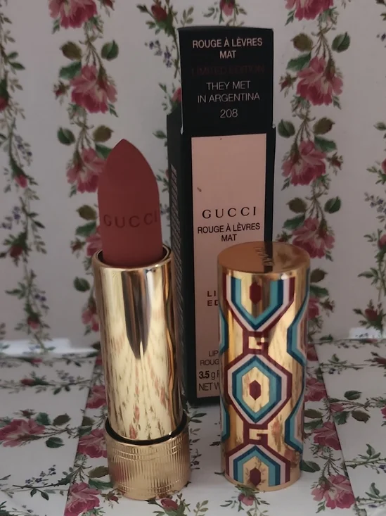 Gucci Matte Lipstick in Terracotta Brown with Gold Enamel-Patterned Tube