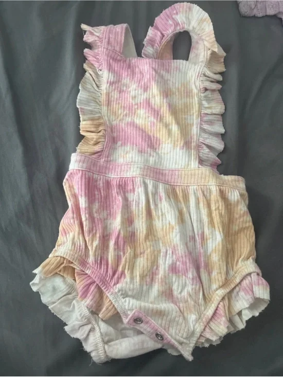 Tie-Dye Ribbed Ruffle Baby Romper - Pink & Yellow size-18 months