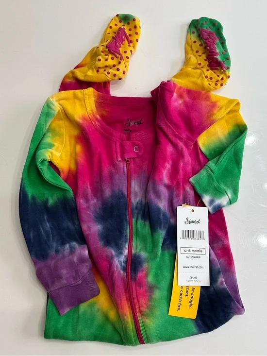 NWT Leveret Baby Rainbow Swirl Tie Dye Footed Pajamas 12-18 Months