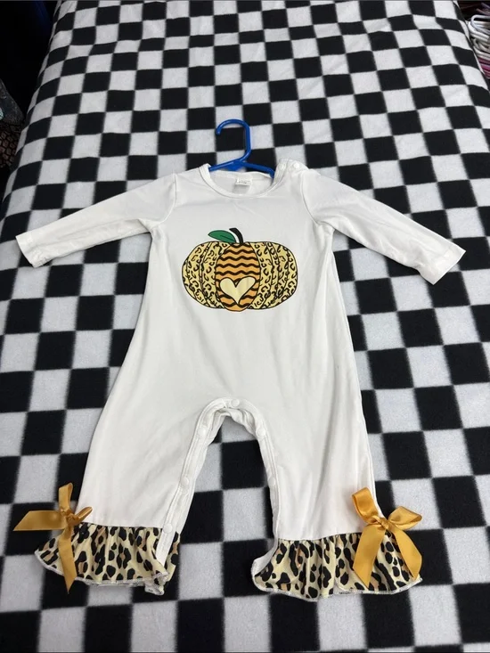 White Baby Pumpkin Ruffle Romper with Leopard Trim