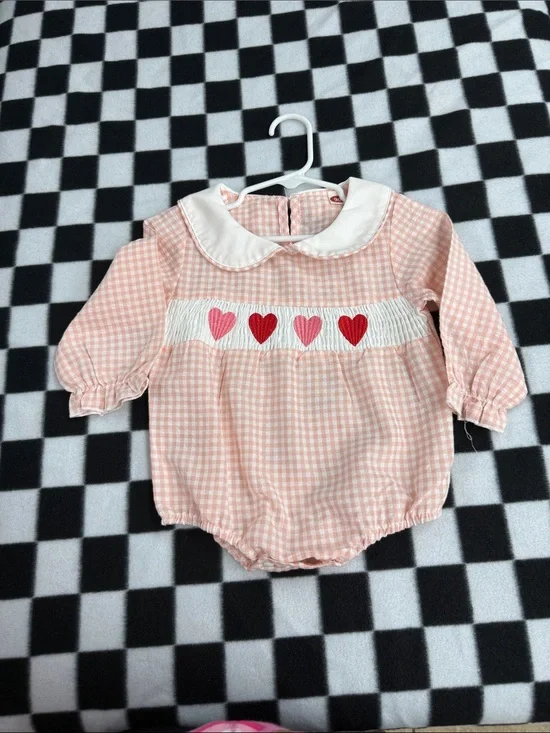 Pink Gingham Heart Smocked Baby One-Piece