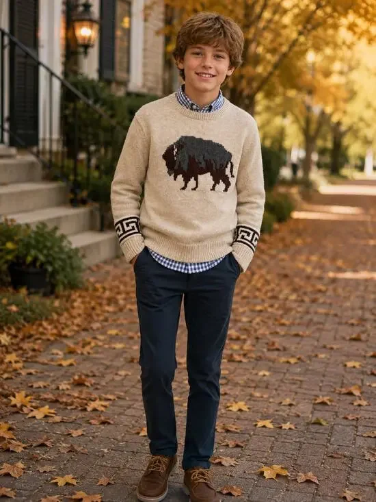 Gap Kids Buffalo Graphic Crewneck Sweater Oatmeal Knit Youth XL (12)