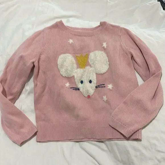 Gap kids 5 pale pink puffed sleeve queen mouse sweater euc worn once 💯cotton
