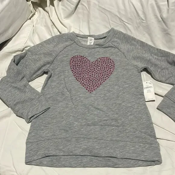 Gap 5 grey high low hemline long sleeve French terry heart on chest metallic nwt