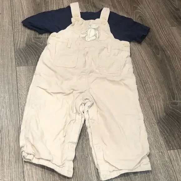 Kids Outfit Set Size 2-3 yrs Cream Overalls with Navy Shirt 2 pcs