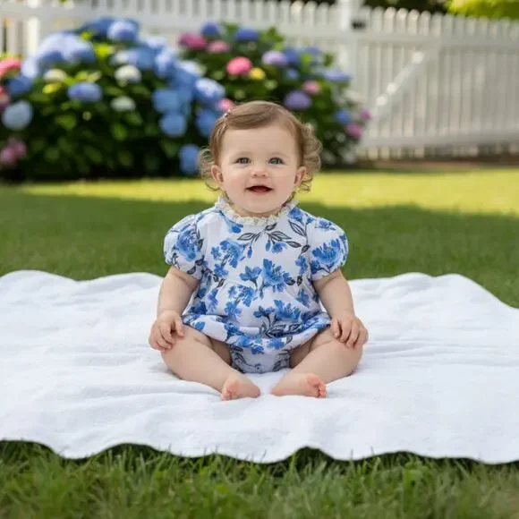 Teela Girls Light Blue Floral Cotton Lace Trim Toile Bubble Romper Boutique 18M