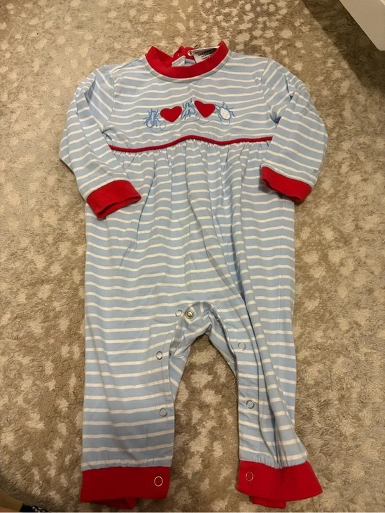 JellyBean “Love Bug” Baby Boy Blue & White Striped One-Piece with Red Trim