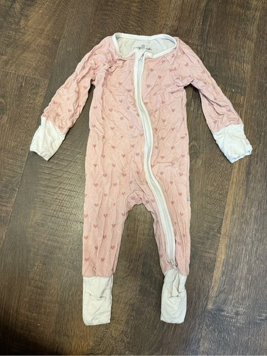 Caden Lane Pink Heart Zip-Front Baby Footie with Cream Cuffs