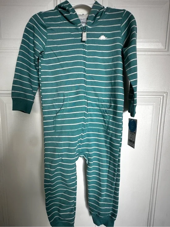 Carter's Teal and White Striped Hooded One-Piece Footie