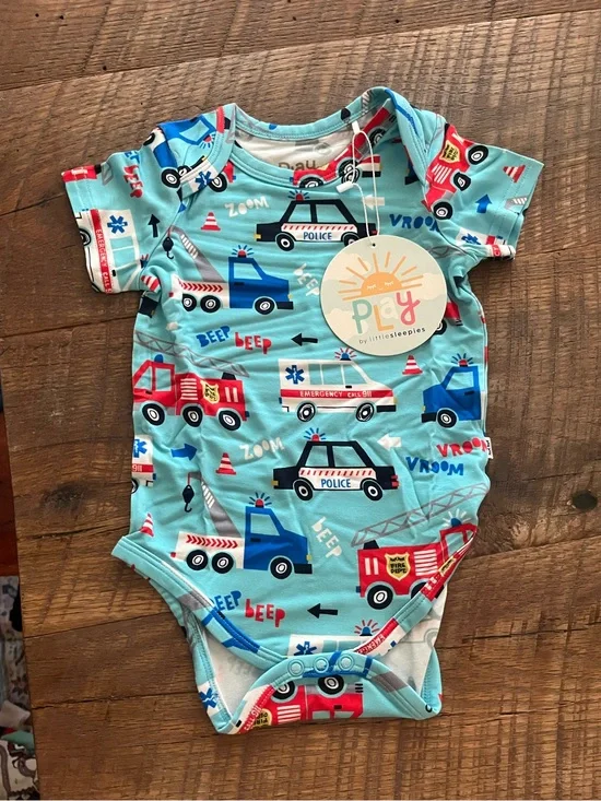 NWT Little Sleepies Light Blue Emergency Vehicle Print Baby Bodysuit