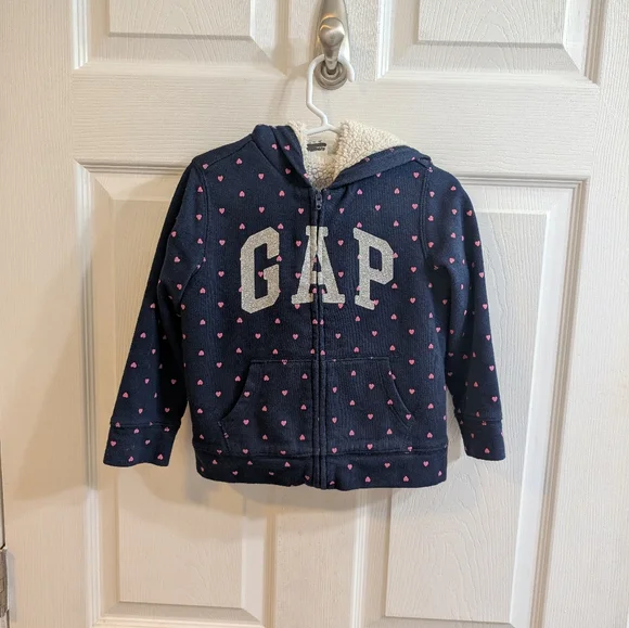 GAP Dark Blue Hoodie with Pink Heart Pattern Sherpa lined -‎ 4 Yr Old