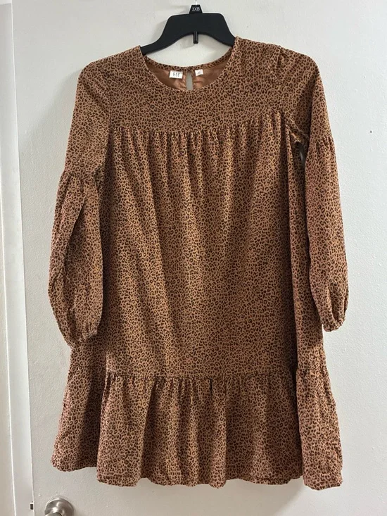Girls Brown Leopard Print Long Sleeve Ballon Ruffled Dress
