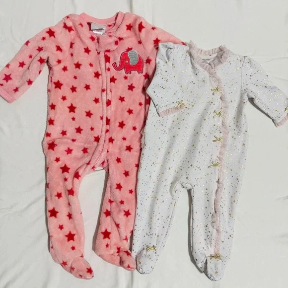 6M Little Me Baby Girl Footed Pajamas Set 2pc Pink‎ Fleece Elephant Gold Star