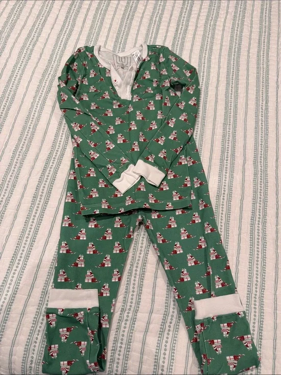 Kids Green Holiday Pajama Set with White Trim