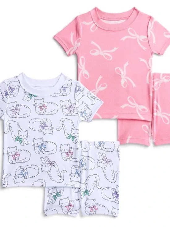 wonder nation Pink & White Cat Bow Short-Sleeve Pajama 2-Pack