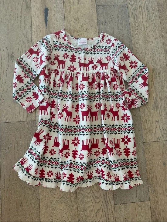 Hanna Anderson Festive Red & Cream Holiday Reindeer Dress 6/7 years