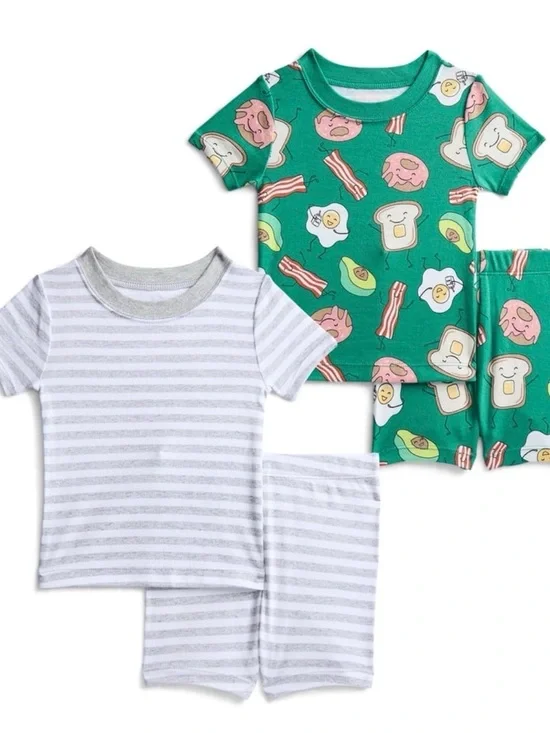 wonder nation Green Breakfast-Print & Gray Stripe Short Sleeve Pajama 2-Pack