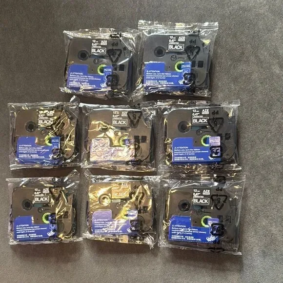 Label Maker Tape Black 12mm .47” Set of 8 Compatible with Brother P-Touch