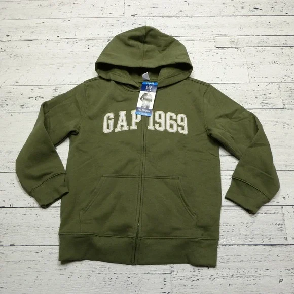 Gap Kids Hoodie Youth Large (10/12) Green Full Zip Fleece Hooded Sweatshirt NWT