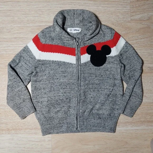 Baby Gap Disney Cardigan Toddler 4 Mickey Mouse Embroidered Wool‎ Gray Zip Up