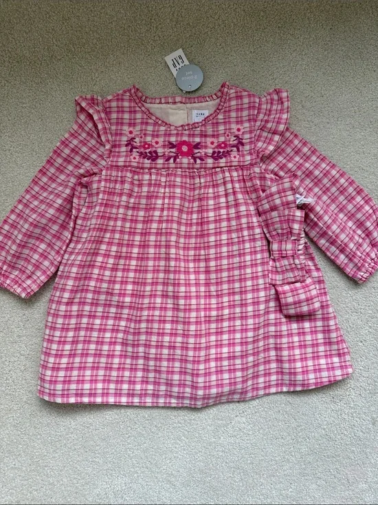 GAP Pink Plaid Floral-Embroidered Long Sleeve Dress & Headband