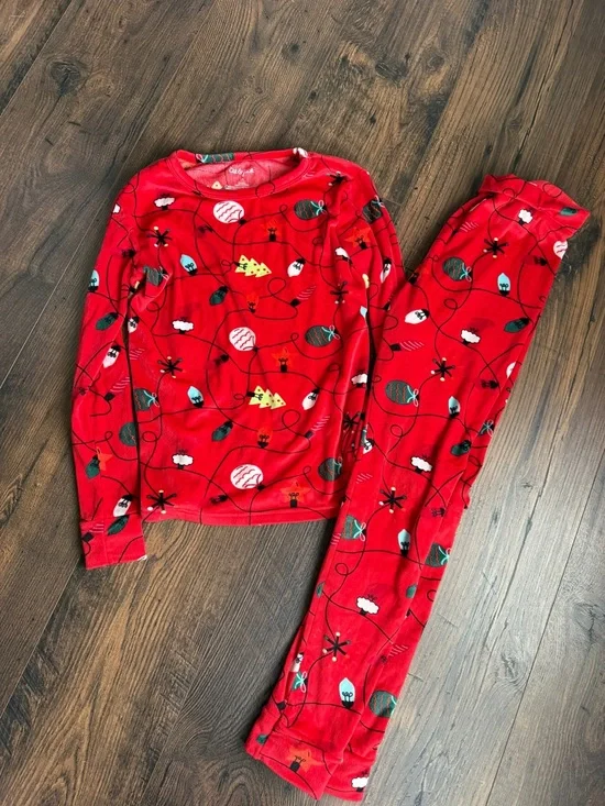 Cat & Jack Red Holiday Ornament Pajama Set with Green and Yellow Accents