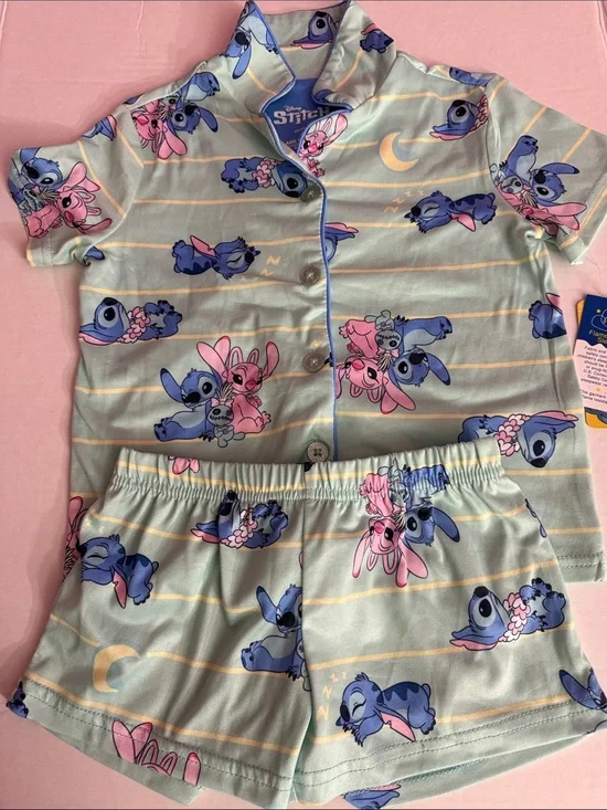 Disney Lilo & Stitch Mint Green Short Pajama Set with Blue & Pink Characters