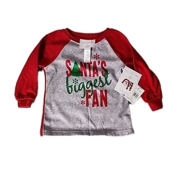 PJ's + Pancakes Shirt Infant 12m Red Gray Santa's Biggest‎ Fan Long Sleeve Tee