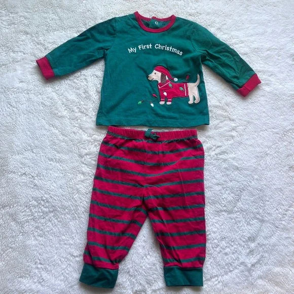 Carters‎ My First Christmas Dachshund Pajama Set Green Red Striped Size 9M