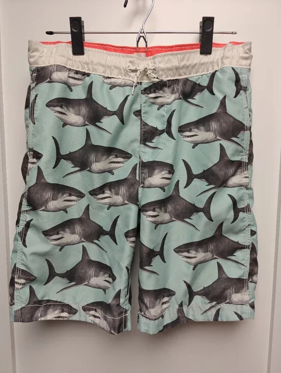GAP Kids Surf Great White Shark Print Aqua Swim Trunks W/Pockets L 10/11 Husky
