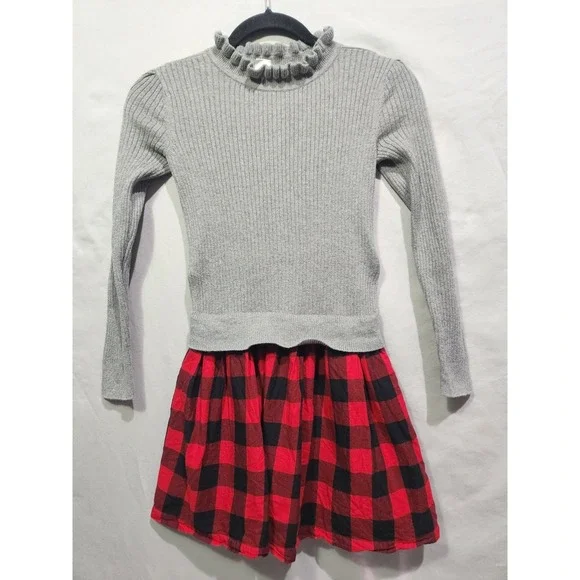 Gap Kids Red Black Buffalo Check Plaid Dress Ribbed Gray Sweater Medium‎ Holiday