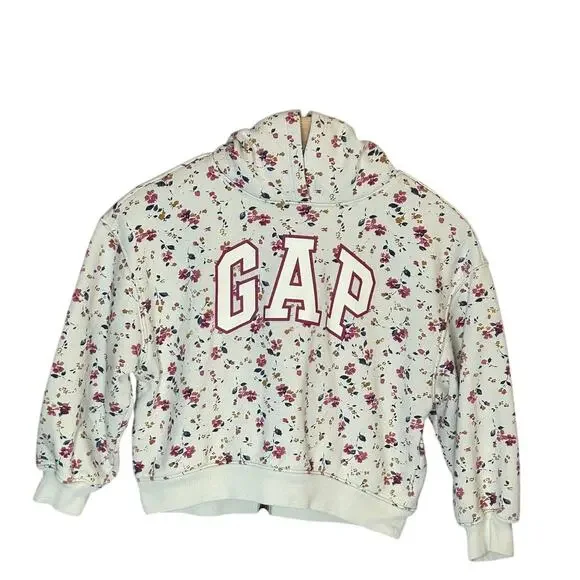 Gap Girls sz 6-7 Floral fleece pullover hoodie in cream color